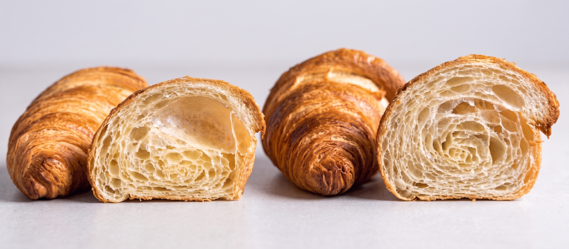 Croissant sem / com tecnologia de vácuo — comparação lado a lado mostrando a diferença na estrutura interna do miolo