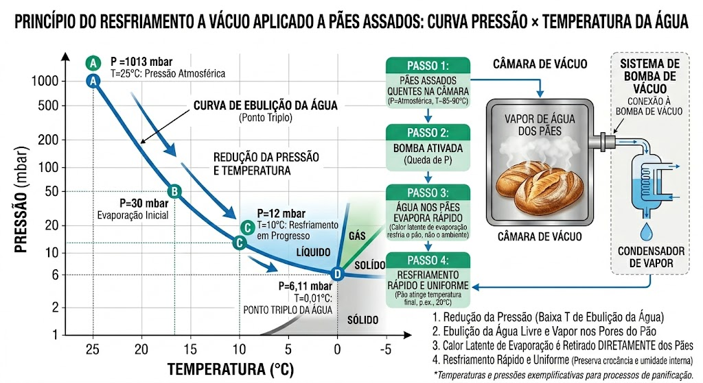 Diagrama do princípio do resfriamento a vácuo aplicado a pães assados, mostrando a curva pressão × temperatura da água e o fluxo de quatro passos na câmara de vácuo com bomba e condensador de vapor